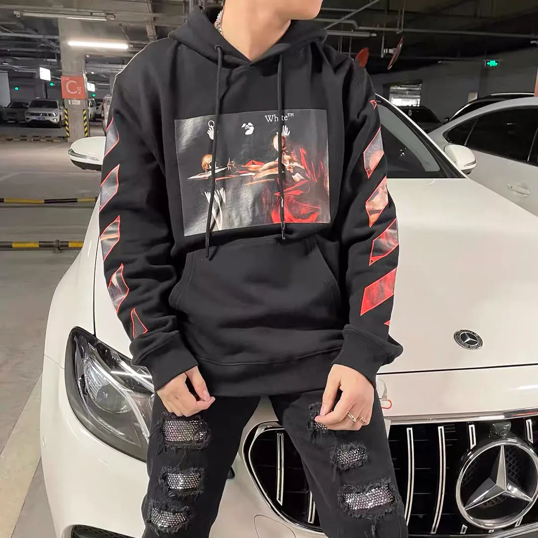 ♻️💯Upper body reference model picture❤️ Top tested version OFFWHITE OW Caravaggio Skeleton Old Man Oil Painting for Male and Female Couples Pure Cotton Loose Religious Round Neck Pullover Hoodie Sweatshirt Exclusive version on the market, zp’s sales once hit a new high. Both the front and rear panels are printed using Kornit's digital direct printing process, with 7 colors sprayed and glazed solid film, giving the printing a jelly-like feel. The printing gradient is gentle, the texture is clear, and the color contrast is obvious. The fabric is made of 480g large fish scale pure cotton terry fabric, which is launched in a big way and has full drape. It can be compared with all versions on the market and is synchronized. Brand new 21s collar label, washed, hang tag, all customized. Size chart